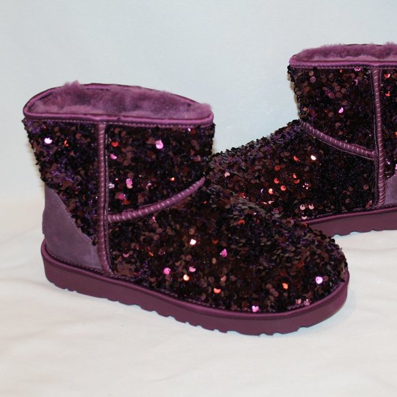 NIB UGG MINI WOMEN'S STELLAR SEQUIN SHEARLING LINED ANKLE BOOTS PORT BURGUNDY - Picture 4 of 8